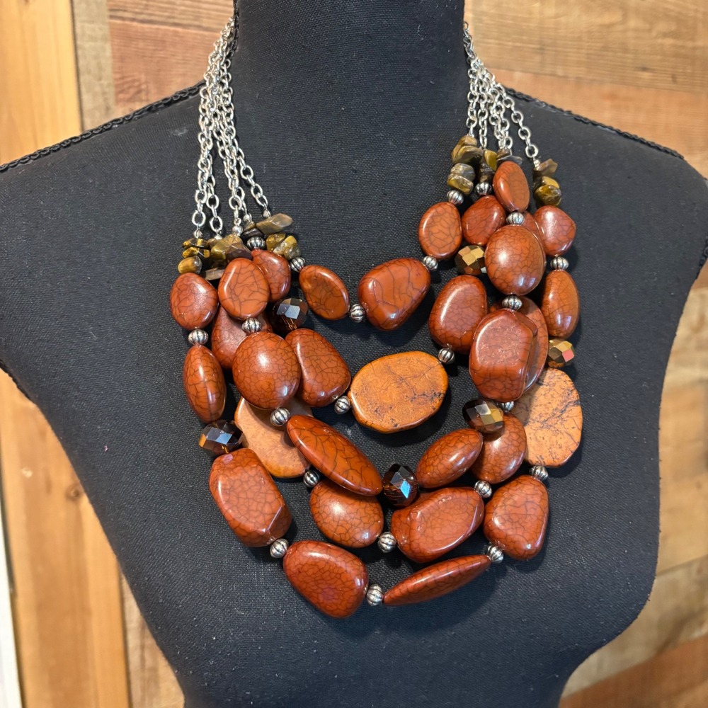 Vintage Silver Tone Faux Jasper Nugget Chunky Multi Strand Statement Necklace